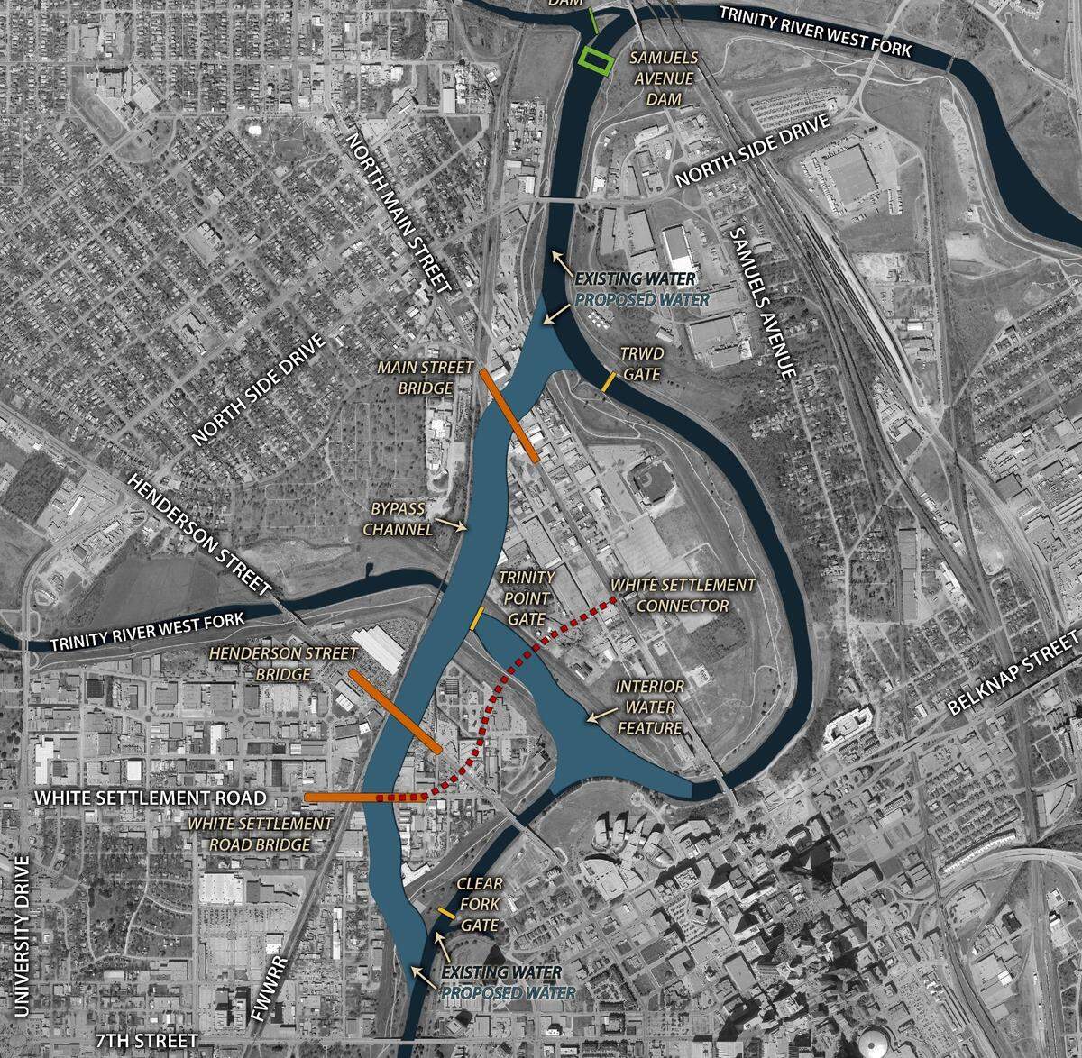 The Central City Flood Control project involves the construction of a 1.5-mile bypass channel near downtown Fort Worth that will reroute floodwater from the Trinity River.