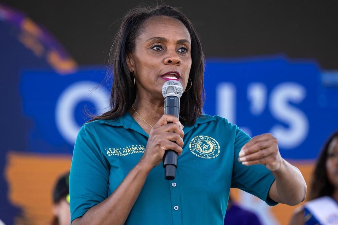 Tarrant County Commissioner Alisa Simmons of Precinct 2 speaks to the crowd gathered following the Opal Lee Walk for Freedom at Farrington Field in Fort Worth on Thursday, June 19, 2025.