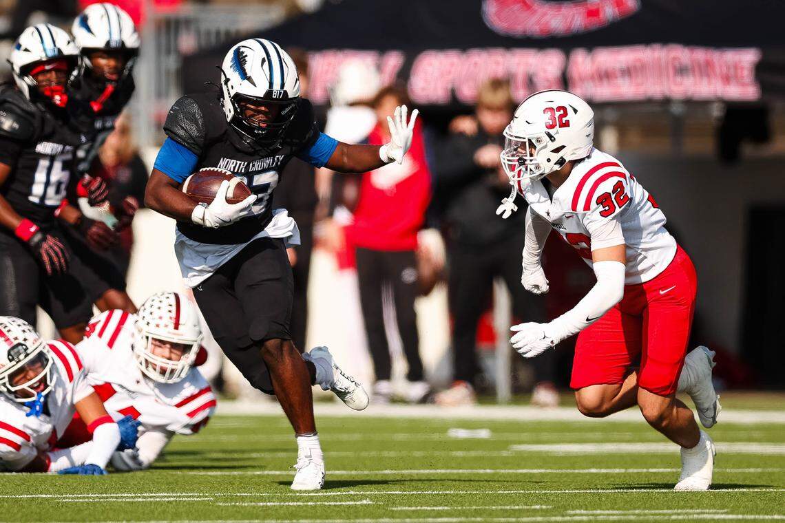 North Crowley running back Kiante Ingram (23) sticks his hand out to Coppell safety Anthony Lewis (32) while runnning with the ball in a Class 6A Division I regional playoff Saturday, Nov. 29, 2025, at Midlothian ISD Stadium in Midlothian.