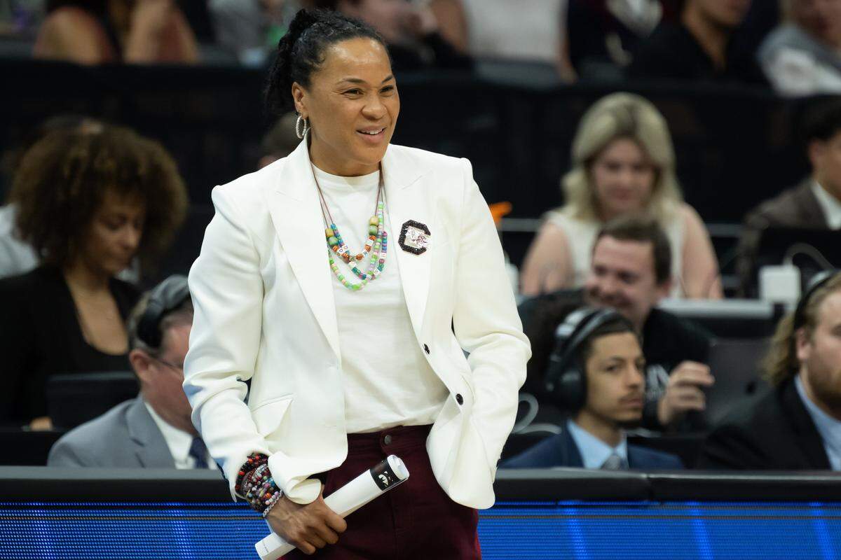 South Carolina head coach Dawn Staley watches her team in the Elite Eight of the NCAA Tournament on Monday at Golden 1 Center in Sacramento, Calif.
