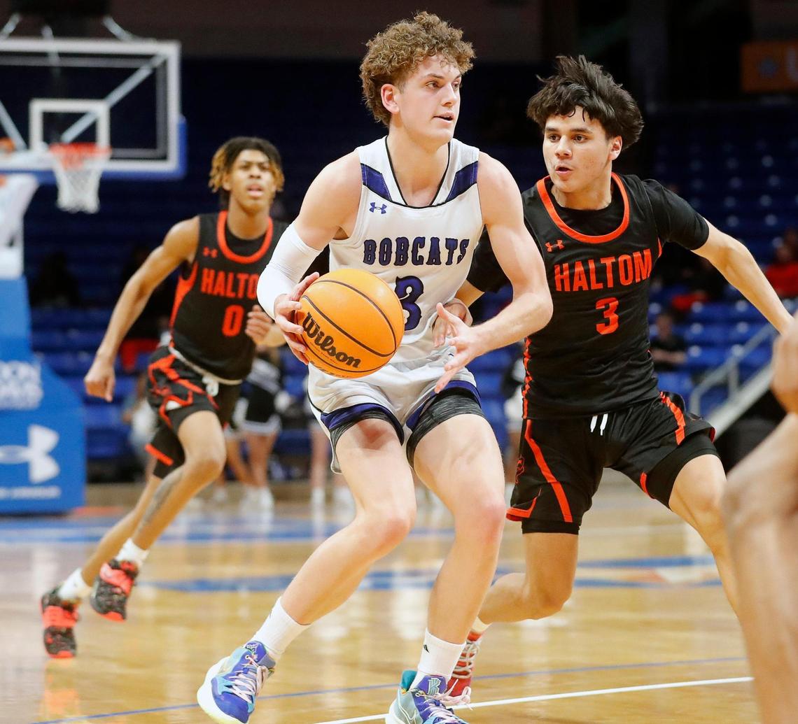 Byron Nelson guard Finley Bizjack (3) brings the ball down court aead of Haltom guard Jonathan Frausto (3) during the first half of a high school 6A Region 1 Bi-district playoff basketball game at UTA College Park Center in Arlington, Texas, Monday, Feb. 21, 2022. Byron Nelson led Haltom 28-23 at the half. (Special to the Star-Telegram Bob Booth)