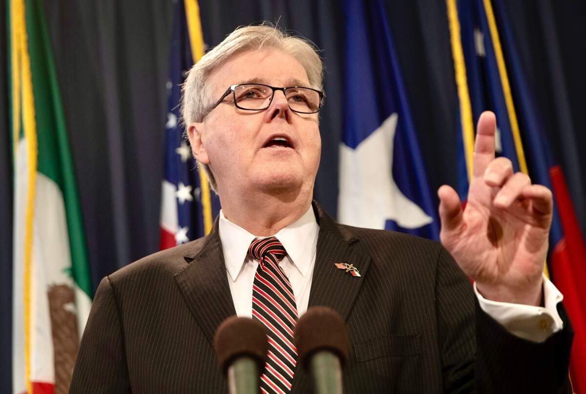 Texas Lt. Gov. Dan Patrick talks about critical race theory at the Capitol in Austin, Texas, on Friday, Feb. 18, 2022. (Jay Janner/Austin American-Statesman via AP)