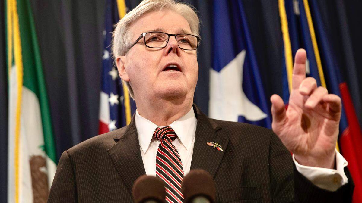 Texas Lt. Gov. Dan Patrick talks about critical race theory at the Capitol in Austin, Texas, on Friday, Feb. 18, 2022.