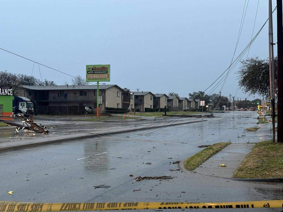 A photo posted by the Irving Police Department showed that a storm ripped off the roof and part of the facade from a building at the Hacienda Apartments, near the intersection of North O’Connor Road and West Pioneer Drive, on Tuesday, March 4, 2025.
