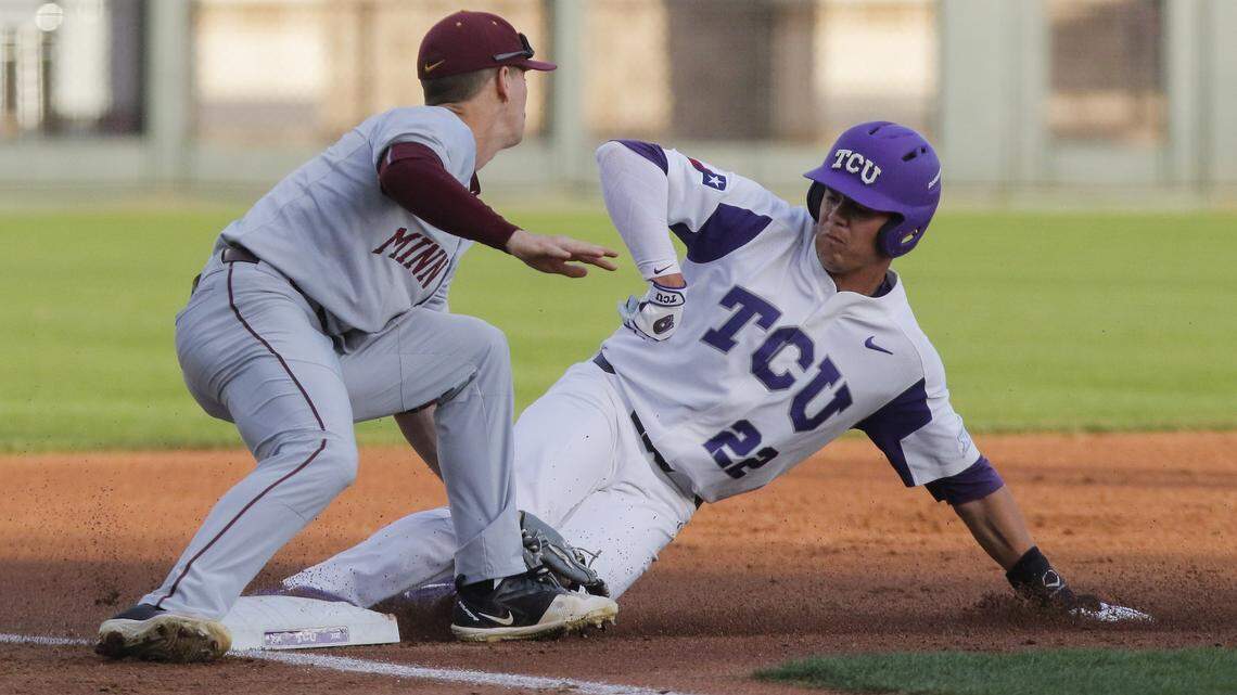 TCU outfielder Connor Wanhanen (22) is caught stealing third base as Minnesota infielder Jordan Kozicky (7) makes the play in the first inning Friday.