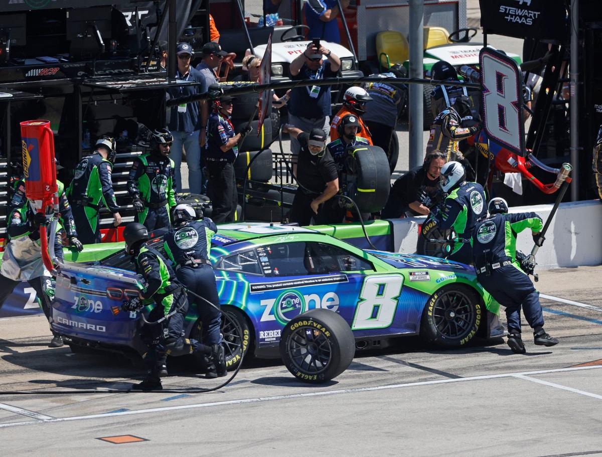 Kyle Busch (8) gets a new set of tires in Stage 1 during the Auto Trader Echo Park 400 at Texas Motor Speedway in Fort Worth, Texas, April 14, 2024. Kyle Larson won stage 1. (Special to the Star-Telegram/Bob Booth)
