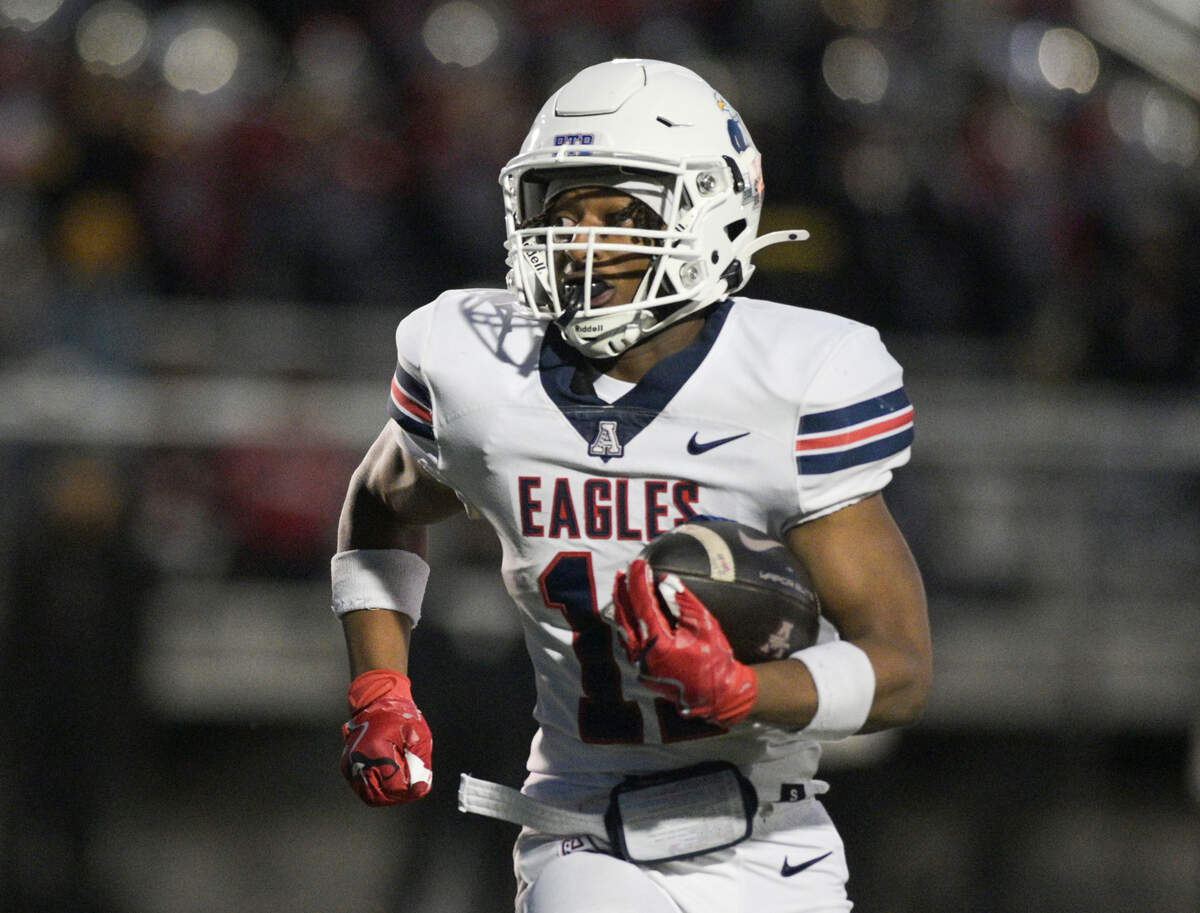 Allen running back Lyndon Spriggs (11) runs towards the end zone during a UIL football playoff game against Euless Trinity High School at Dragon Stadium in Southlake, Texas on Friday, Nov. 29, 2024.