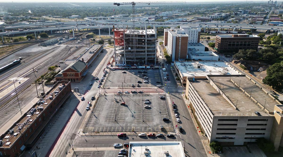 Construction continues on the new Texas A&M Law and Education Building on Friday, Oct. 18, 2024. The Two empty blocks, bottom, will be the location of the Texas A&M Research and Innovation Building.