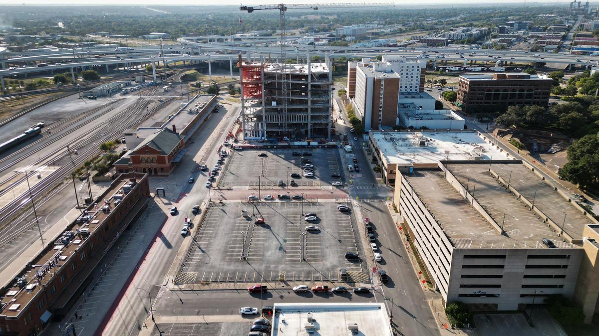Construction continues on the new Texas A&M Law and Education Building on Friday, Oct. 18, 2024. The two empty blocks, bottom, will be the location of the Texas A&M Research and Innovation Building.