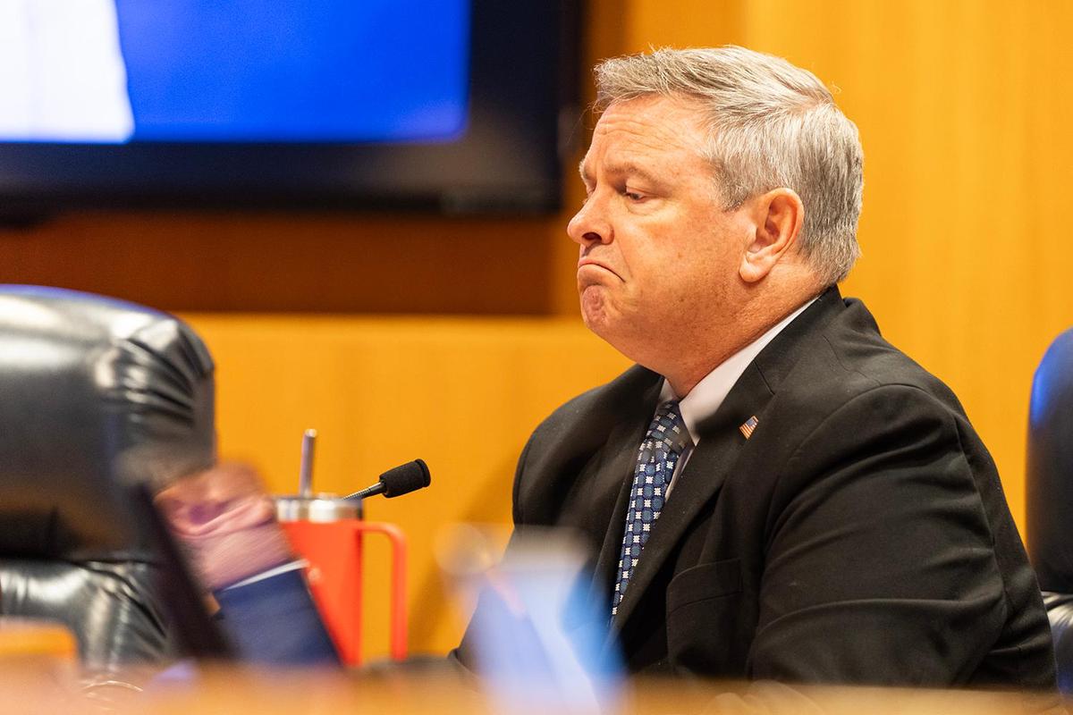 Tim O’Hare, the Tarrant County Judge, listens to lawyer Joe Nixon address the questions regarding the proposed redistricting of the county during a Commissioners Court Meeting at the Tarrant County Administration Building in Fort Worth on Tuesday, May 6, 2025.