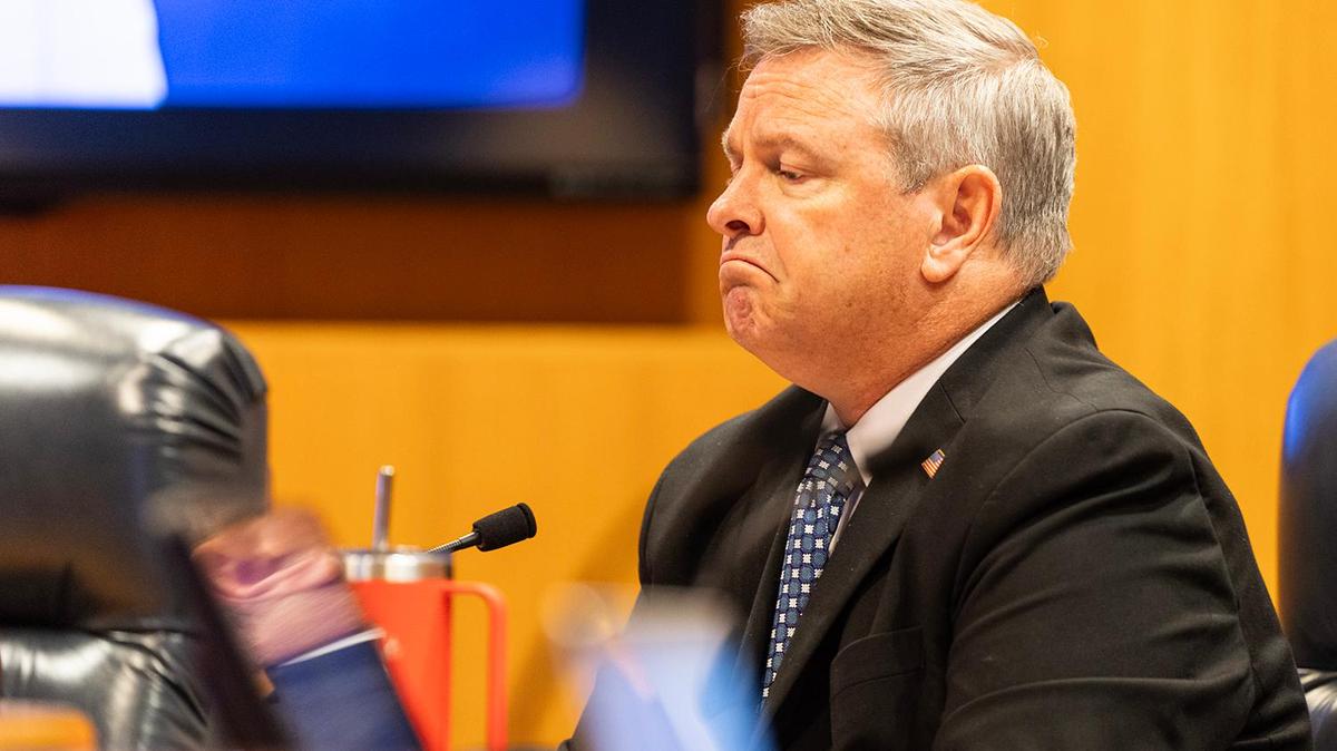 Tim O’Hare, the Tarrant County judge, listens to lawyer Joe Nixon address the questions regarding the proposed redistricting during a commissioners court meeting on Tuesday, May 6, 2025.