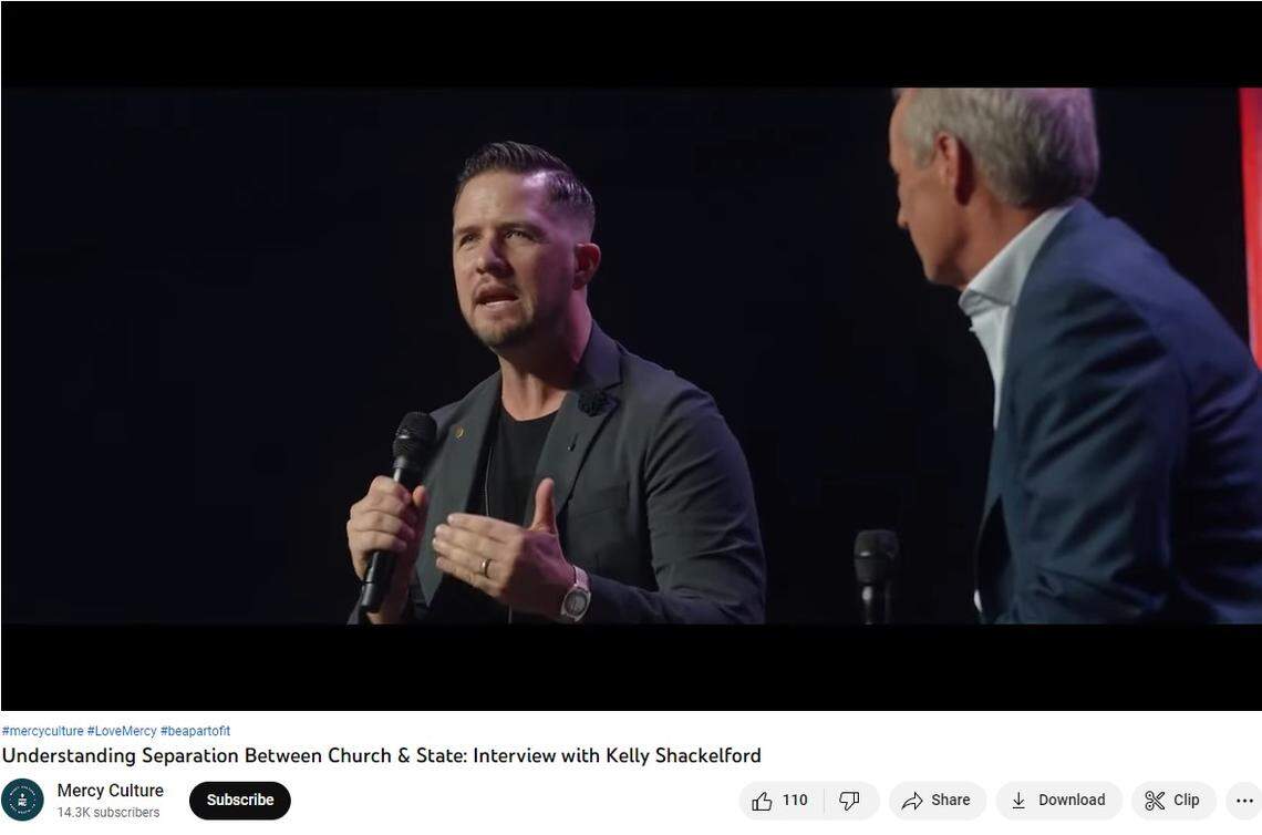 Lead Pastor Landon Schott, of Mercy Culture Church in Fort Worth, talks on-stage with Kelly Shackelford, a lawyer specializing in religious freedom cases. Schott doubled down on his political involvement and challenged the IRS to try to take away his church’s tax-exempt status.