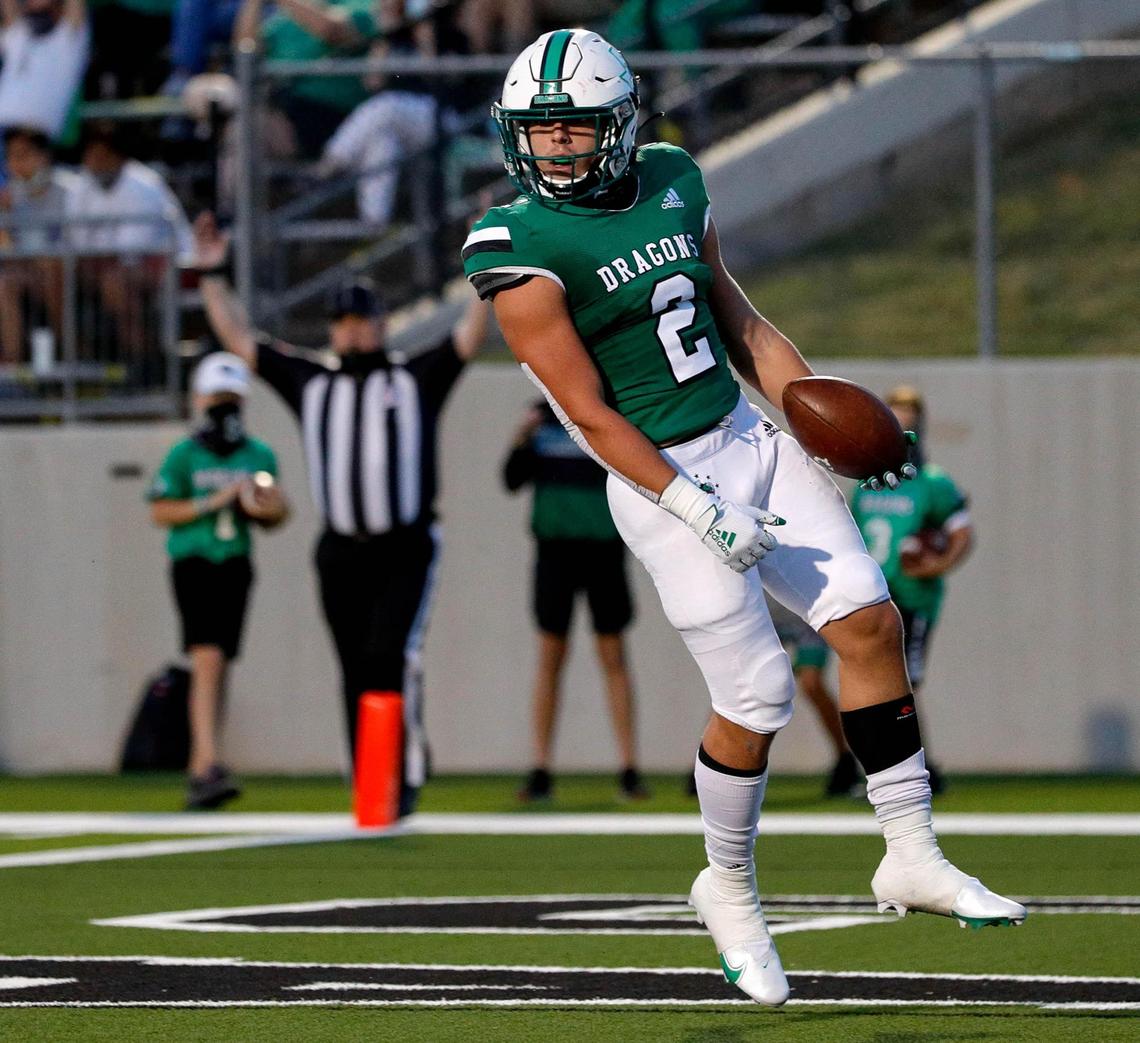 Southlake Carroll running back Owen Allen scores a rushing touchdown against Rockwall Heath during the first half of a High School Football game, Friday night, October 2, 2020 played at Dragon Stadium in Southlake, TX. (Steve Nurenberg Special to the Star-Telgram)