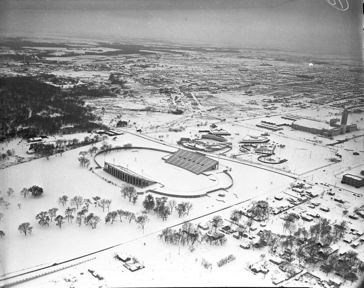 Jan. 22, 1940: “Air view of Farrington Stadium, covered in snow. Several buildings, houses and trees can be seen.”