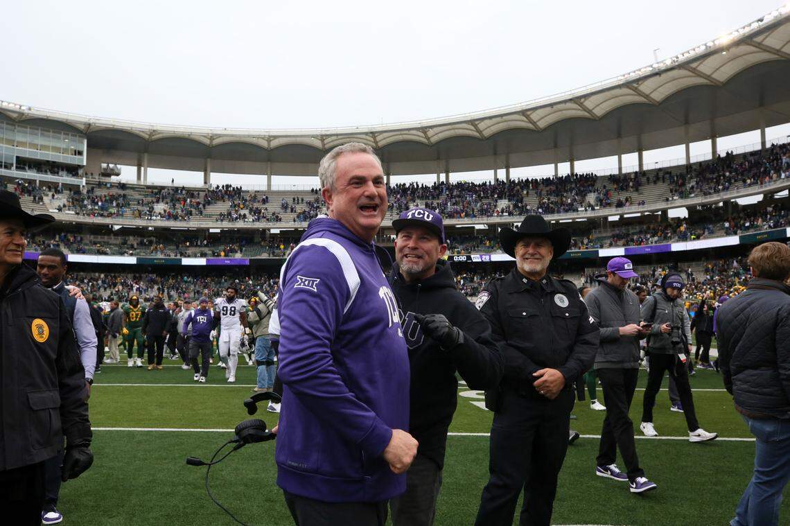 TCU head coach Sonny Dykes celebrates after a narrow win against Baylor at McLane Stadium in Waco on Saturday, Nov. 19, 2022. The Horned Frogs won 29-28 against the Bears.