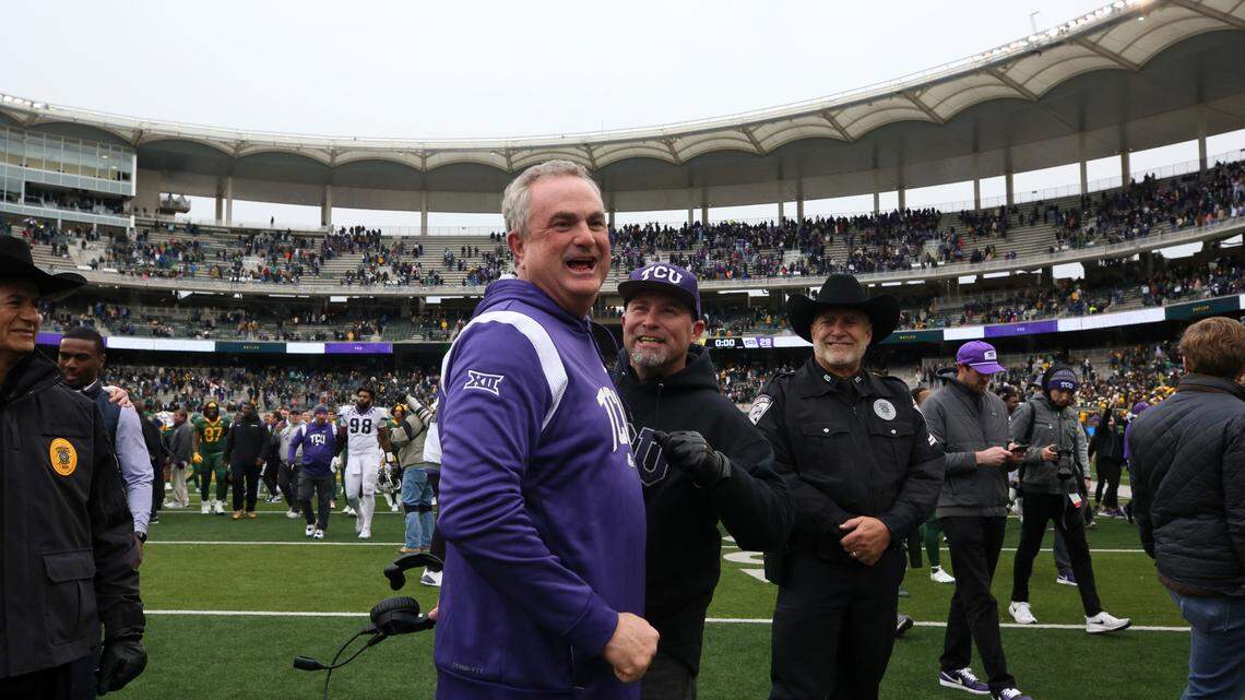 TCU head coach Sonny Dykes celebrates the 29-28 win over Baylor at McLane Stadium in Waco on Saturday.
