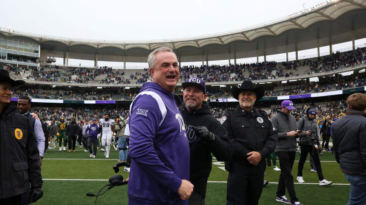 TCU head coach Sonny Dykes celebrates after a narrow win against Baylor at McLane Stadium in Waco on Saturday, Nov. 19, 2022. The Horned Frogs won 29-28 against the Bears.