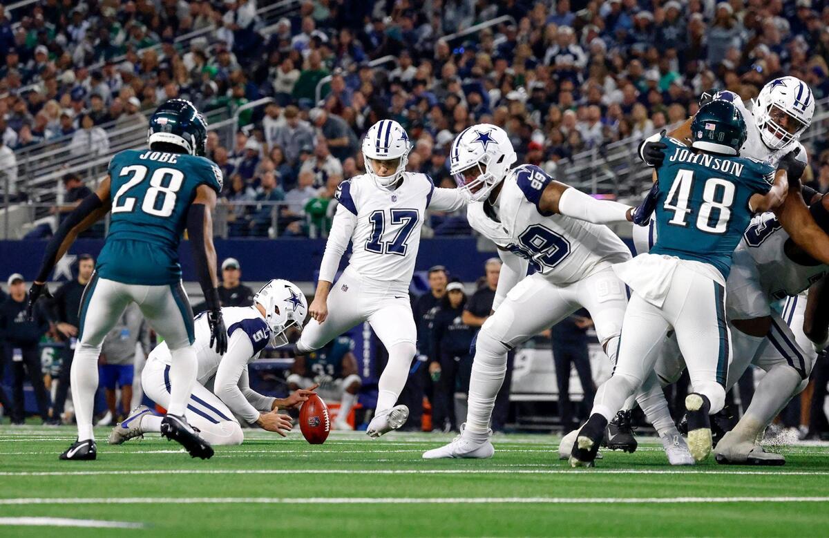 Dallas Cowboys kicker Brandon Aubrey kicks an extra point in the second quarter against the Philadelphia Eagles on Sunday, December 10, 2023, at AT&T Stadium in Arlington.