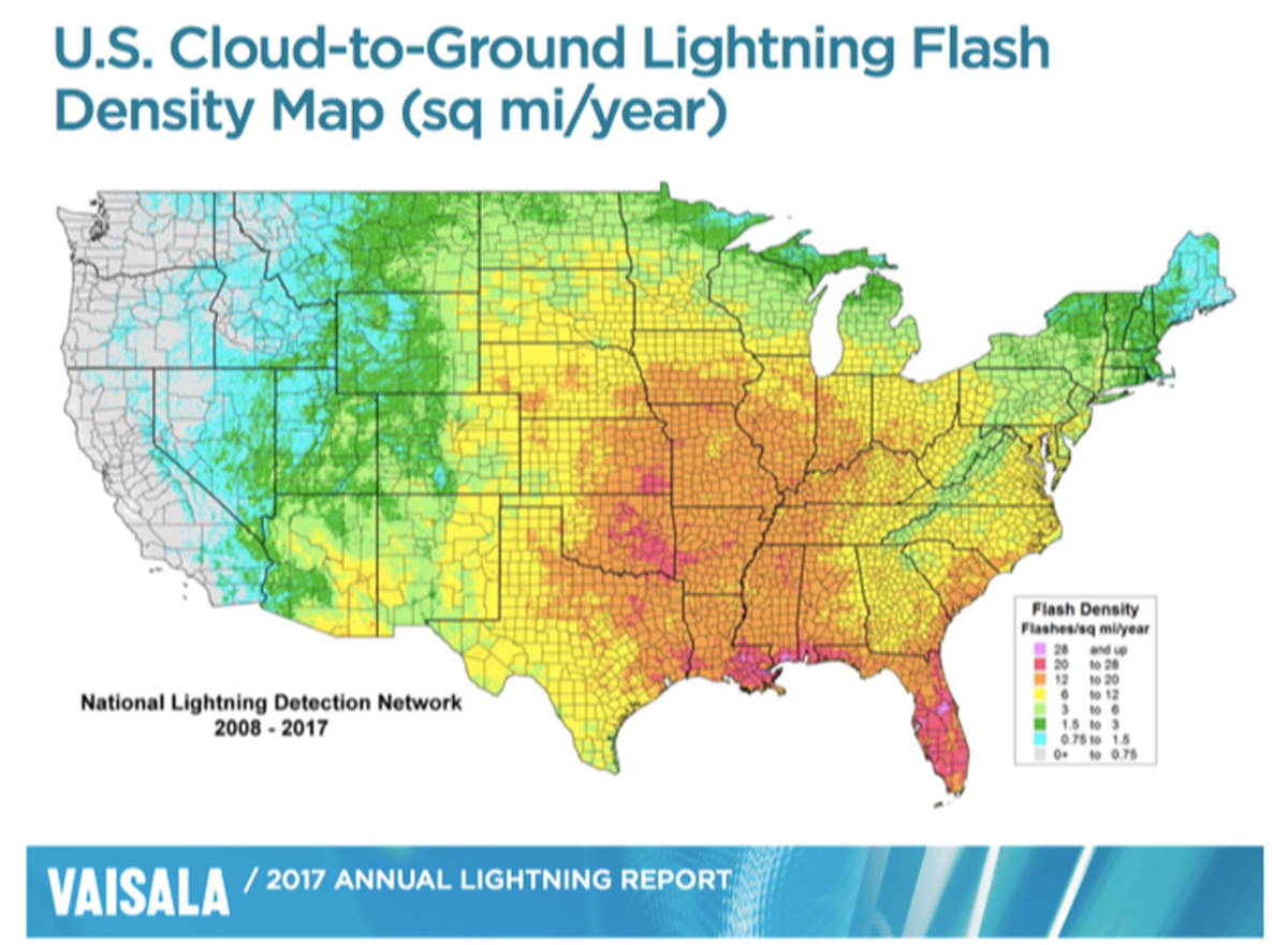 Vaisala compiled the density of lightning flashes across the United States.