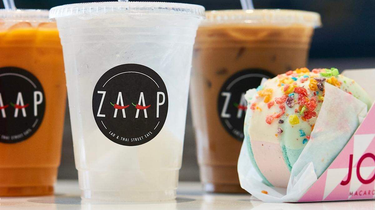 Zaap features young coconut juice, Thai tea, Lao iced coffee and Joy Macarons ice cream sandwiches.