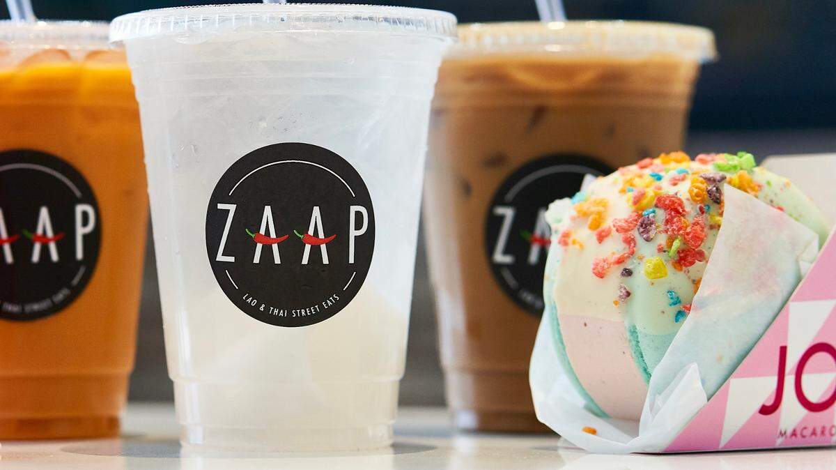 Zaap features young coconut juice, Thai tea, Lao iced coffee and Joy Macarons ice cream sandwiches.