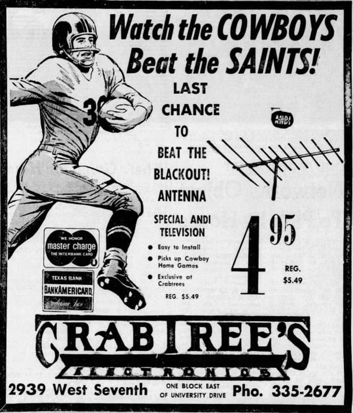 One of many ads for Cowboy antennas that could be found in the Star-Telegram. Hotels throughout Texas used to also advertise specials for Cowboys fans.