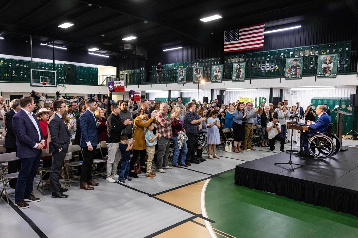 The event attendees give Texas Gov. Greg Abbott a standing ovation after he spoke at a Parent Empowerment Night event, where he advocated for school choice and vouchers, at Temple Christian School in Fort Worth on Thursday, March 6.