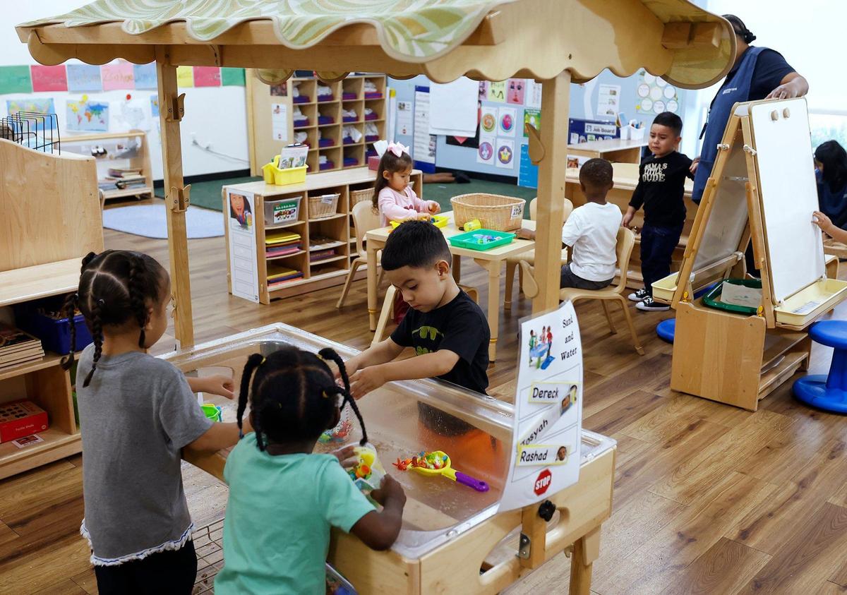 Three-year-olds play at stations while attending pre-K at The Morris Foundation Child Development Center on Tuesday, Sept. 24, 2024. Fort Worth ISD and PreK Today, managed by Child Care Associates, partnered this school year to provide pre-K to Fort Worth ISD students at community-based Head Start centers.