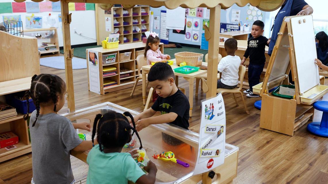 Three-year-olds play at stations while attending pre-K at The Morris Foundation Child Development Center on Sept. 24, 2024. 