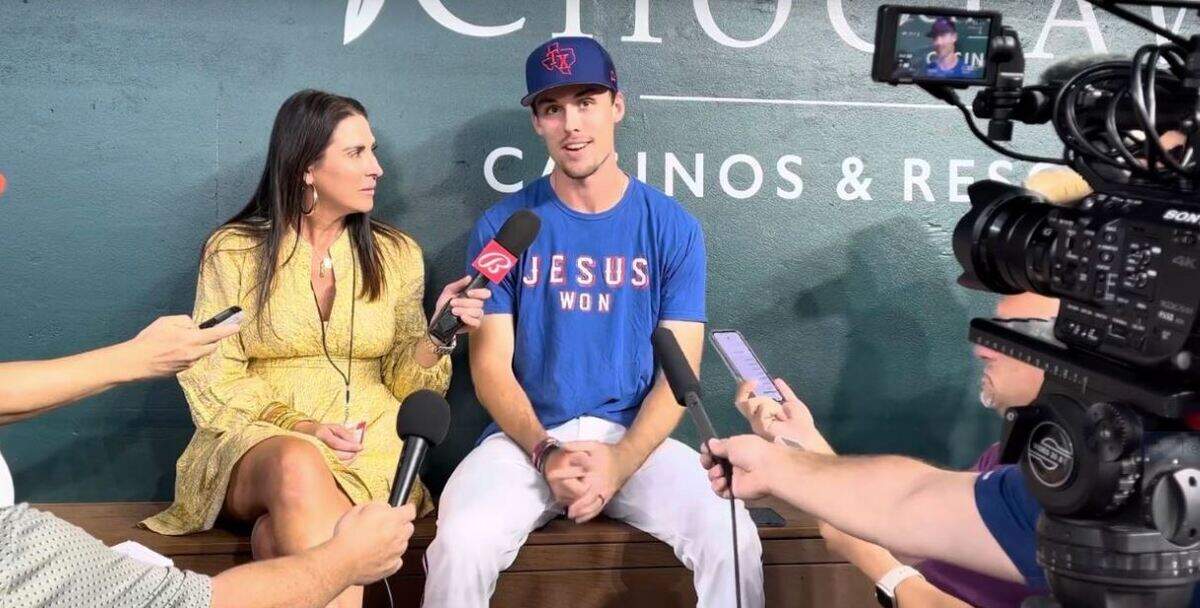 That is what Texas Rangers left fielder Evan Carter wants everyone to know when he wore a blue t-shirt emblazoned with the phrase, “JESUS WON,” in white and red lettering while sitting in the dugout surrounded by a gaggle of reporters before his major league debut on Sept. 8.