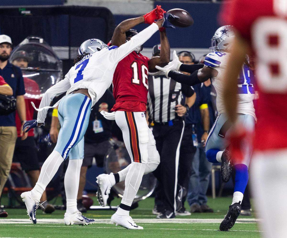 Dallas Cowboys Trevon Diggs intercepts a throw during the second half of the game against Tampa Bay Buccaneers Sunday, Sept. 11, 2022, at AT&T Stadium in Arlington.