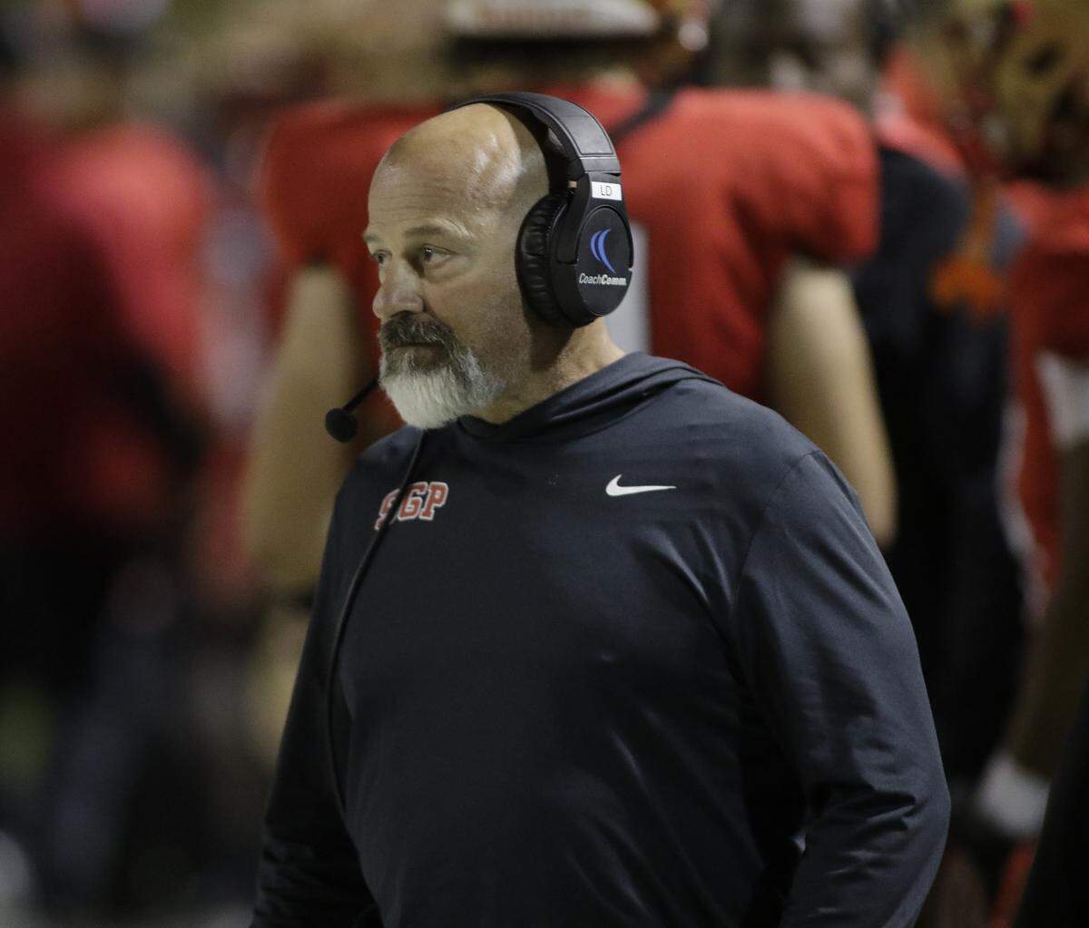 South Grand Prairie’s Head Coach Laban DeLay during their game with Haltom at the Gopher-Warrior Bowl on Friday, Oct. 31, 2025. 