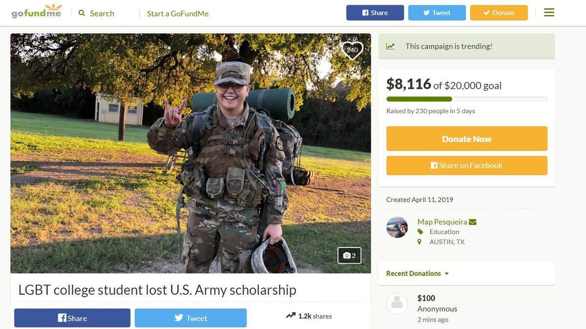 A University of Texas at Austin ROTC student says he lost his U.S. Army national scholarship because he is transgender and already began transitioning. Now he’s raising money to continue his college education.