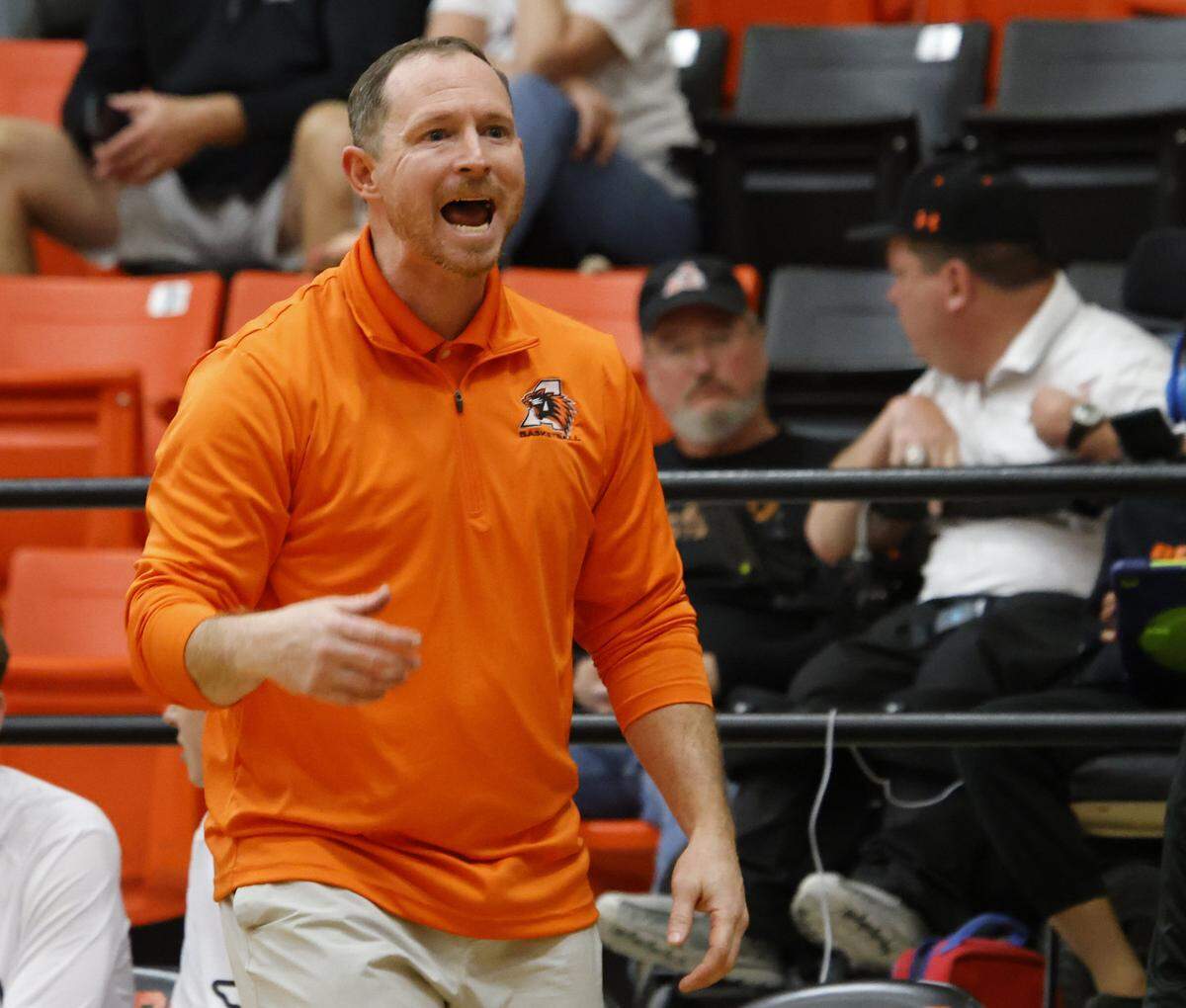 Aledo head coach Drew Baker has a few words for an official as they play Brewer during the second half of a UIL boys basketball game at Aledo High School in Aledo, Texas, Friday Feb. 13, 2026.