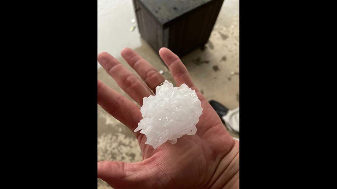 Johnson County Emergency Management shared this photo taken by Rio Vista police of a hailstone in Rio Vista, Texas, on Monday night, May 3, 2021.