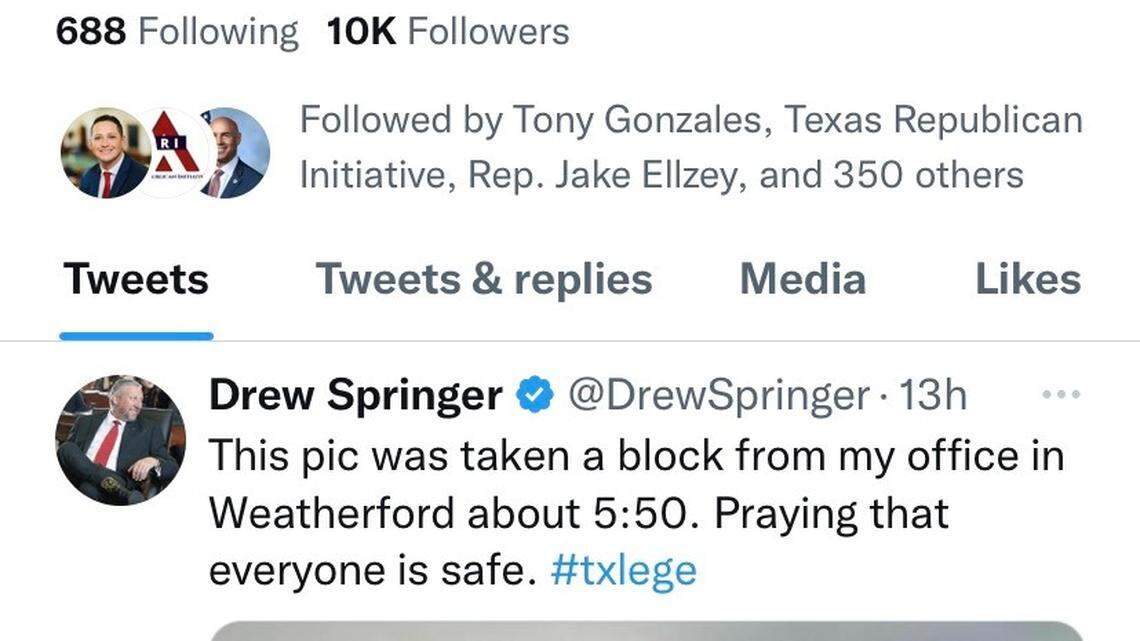 Sen. Drew Springer, a Muenster Republican whose district includes most of Weatherford, shared an edited image that showed a funnel cloud over downtown Weatherford.