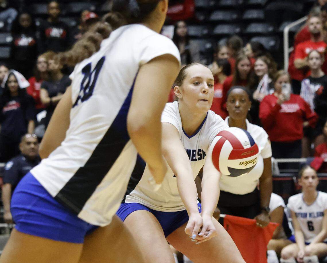 Game MVP, Trophy Club Byron Nelson outside hitter Kylie Kleckner (2) sets up the ball against Pearland Dawson during the second set of the UIL Class 6A Division I state volleyball championship game Saturday Nov. 22, 2025 at Curtis Culwell Center in Garland, Texas.