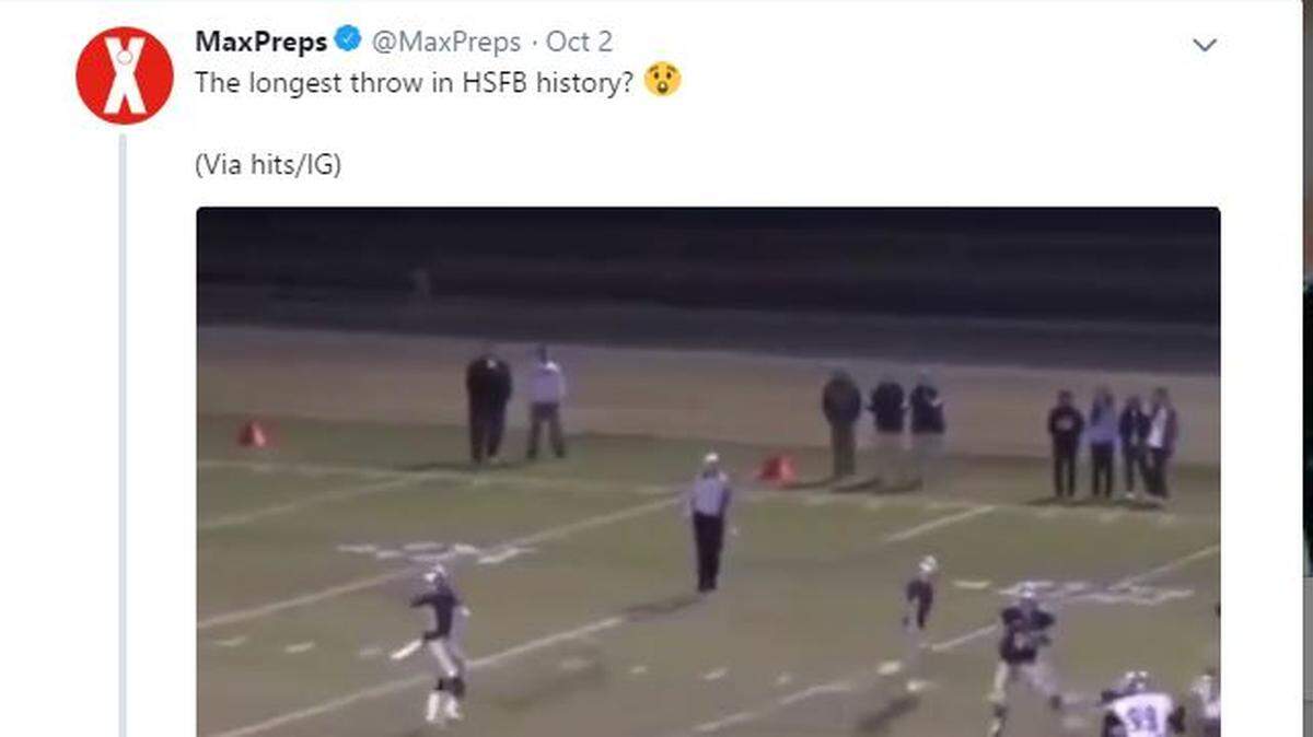 This touchdown pass from a California high school quarterback in 2012 traveled over 70 yards in the air. MaxPreps Twitter screenshot