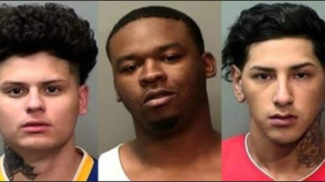 Five young men were arrested early Sunday after Fort Worth police responded to a fight call in a residential neighborhood where officers estimated about 400 people had gathered.. Three of the suspects are, left to right, Munir Ali Nazri-Acosta, 19; Corey Davis, 18; and Xavier Yvanez 20, all of Fort Worth.