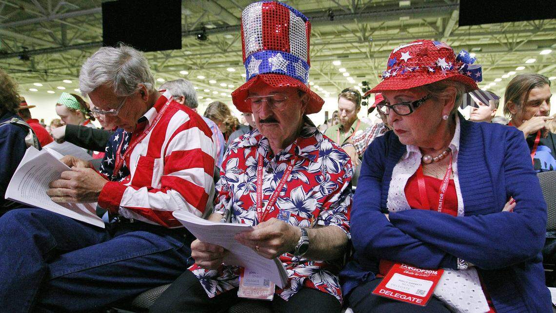 Delegates Henry Hereford, John Wayne Stabile and Polly Garrett Moore (all from Webb County) were among the delegates gathered at the GOP state convention in Dallas in 2016.