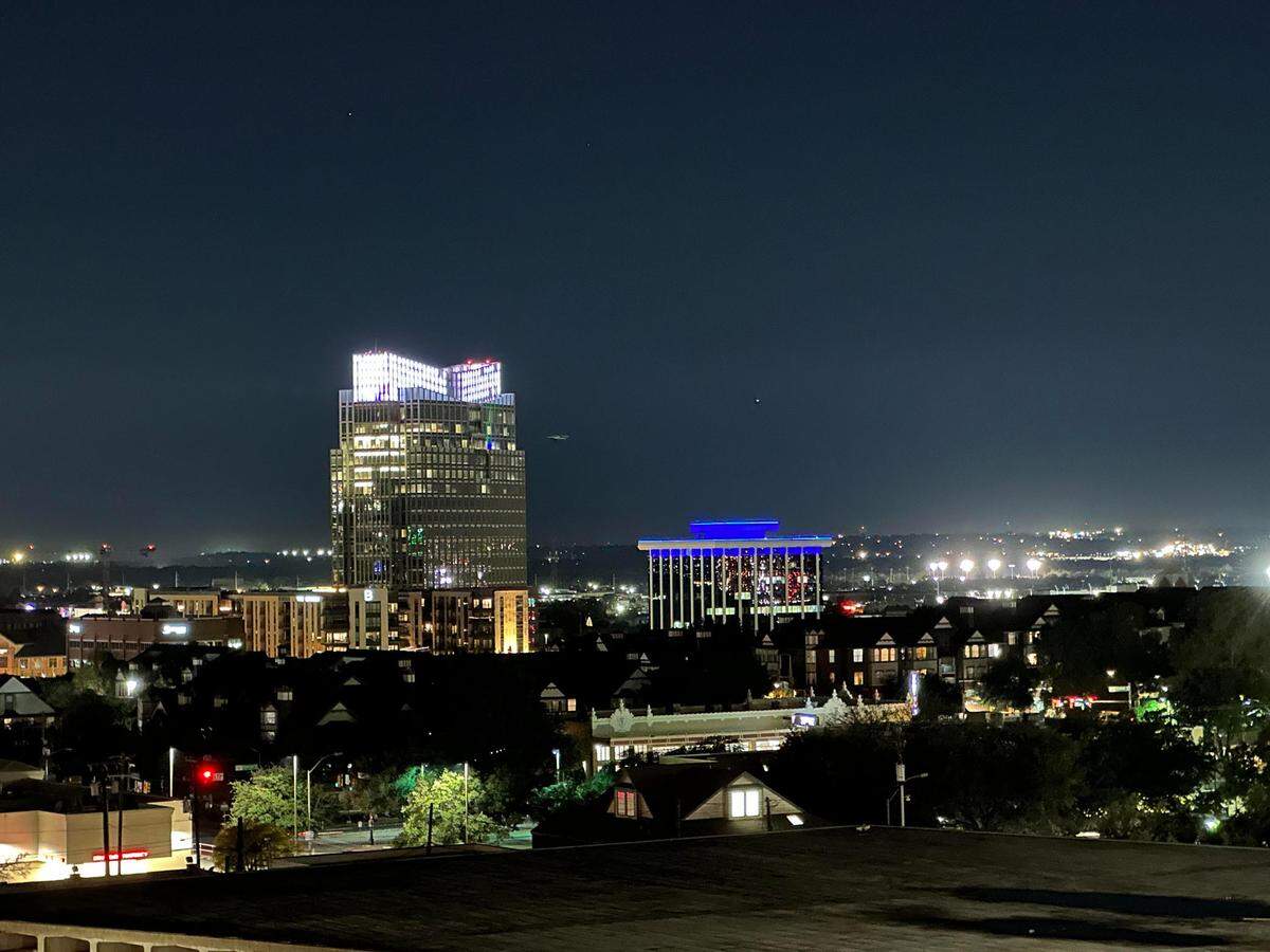 The future Fort Worth City Hall, aka Pier One building, on Wednesday night, Nov. 1, 2023, when the Texas Rangers won the World Series.