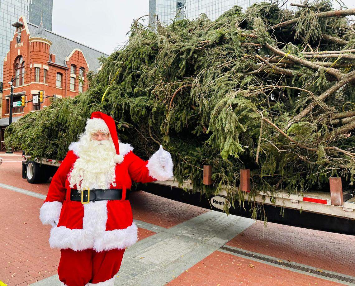 Santa Claus poses in front of the 82-foot Norway Spruce in Sundance Square.