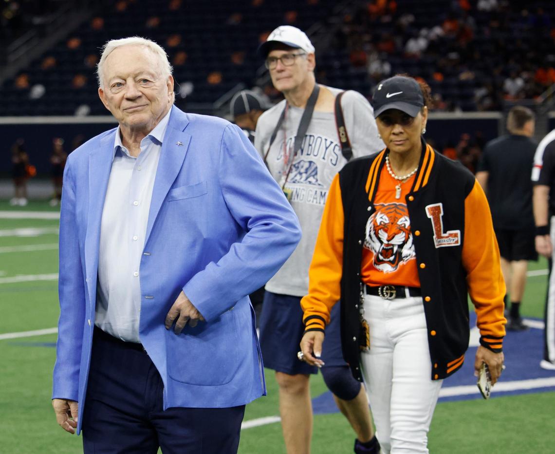 Dallas Cowboys owner Jerry Jones leaves the field after his honorary coin toss before a UIL football game at The Star in Frisco Texas, Saturday, Oct. 31, 2024.