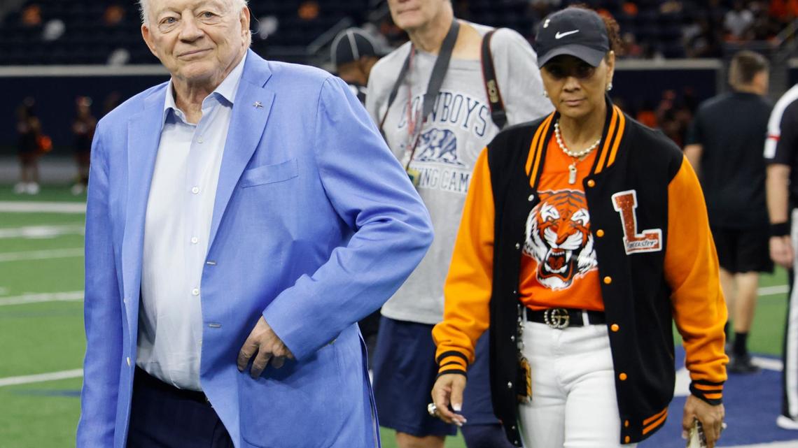 Dallas Cowboys owner Jerry Jones leaves the field after his honorary coin toss before a UIL football game at The Star in Frisco Texas, Saturday, Oct. 31, 2024.