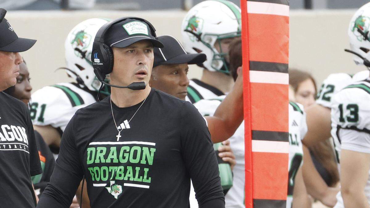 Southlake head coach Riley Dodge watches his defense during the first half of a UIL football game between Carroll and L.D. Bell at Pennington Field in Bedford, Texas, Friday, October, 24, 2025.