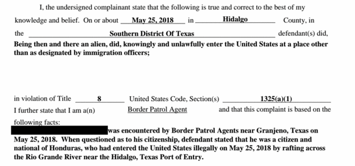 Part of the criminal complaint filed against "Carlos." He pled guilty to illegally entering the U.S. on May 29, 2018.