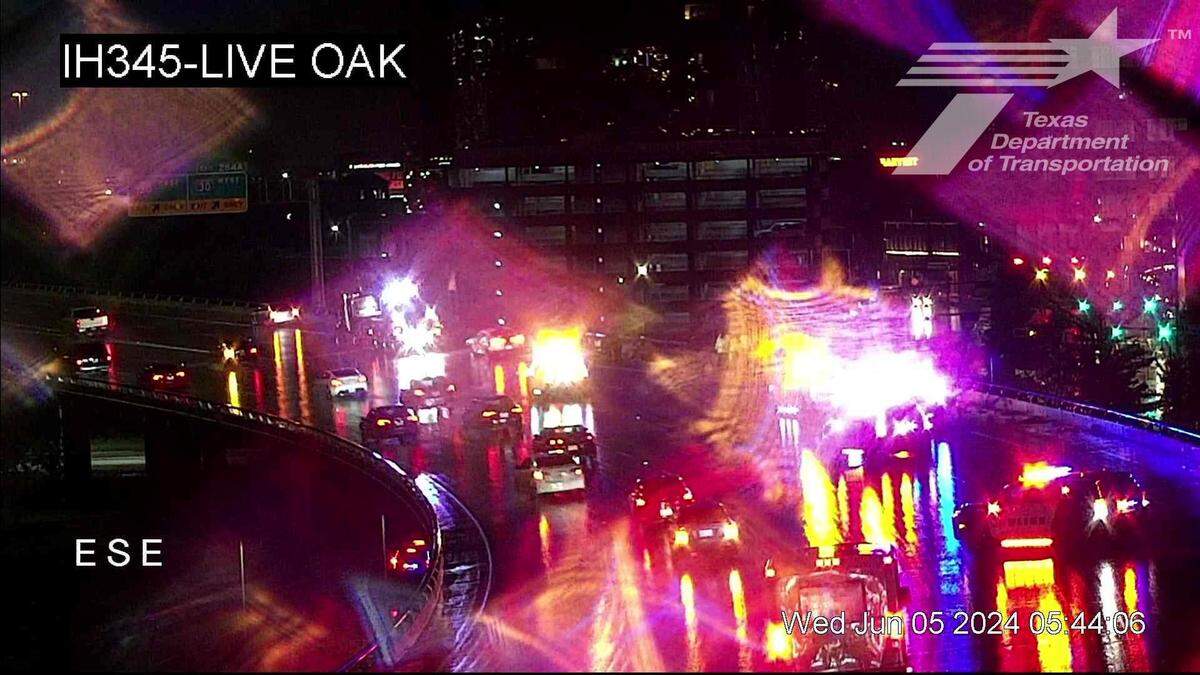 Traffic is backed up on U.S. 75/Interstate 345 in downtown Dallas after a crash in which a semi truck was hanging off a bridge on Wednesday morning, June 5, 2024.