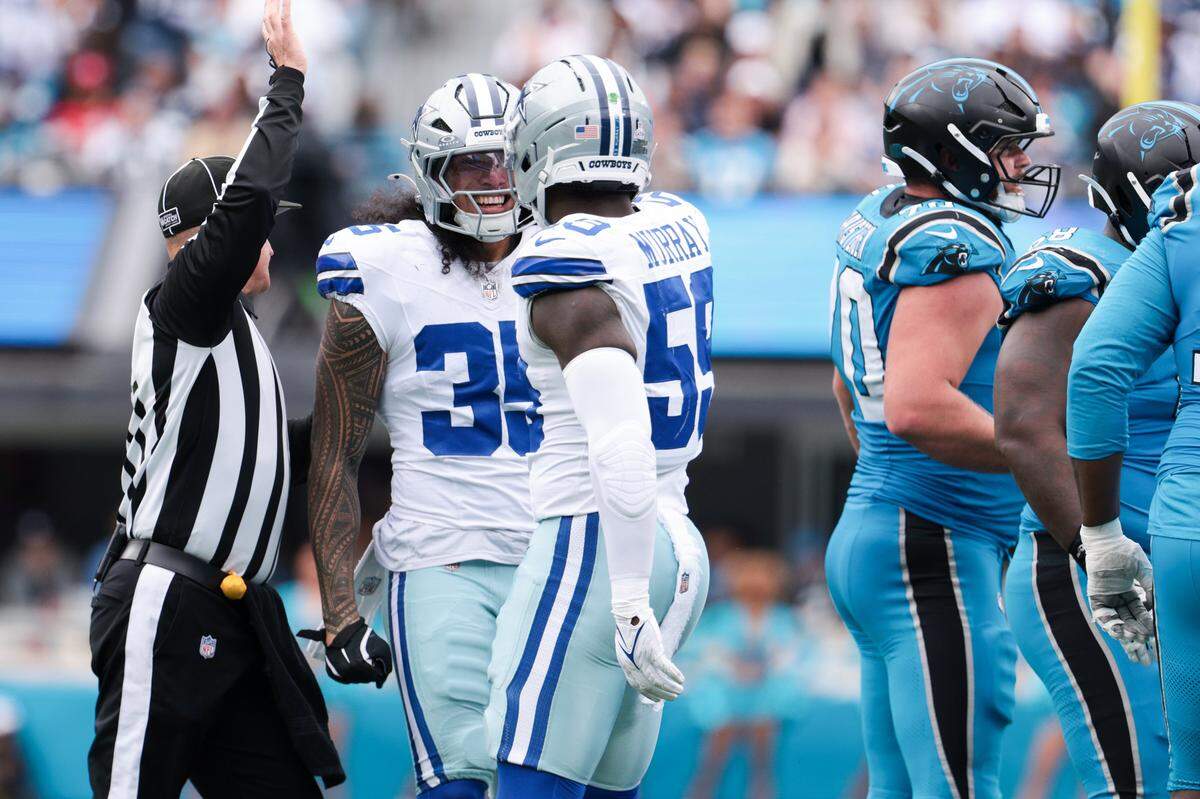 Oct 12, 2025; Charlotte, North Carolina, USA; Dallas Cowboys linebacker Marist Liufau (35) celebrates a sack during the second half against the Carolina Panthers at Bank of America Stadium. Mandatory Credit: Scott Kinser-Imagn Images
