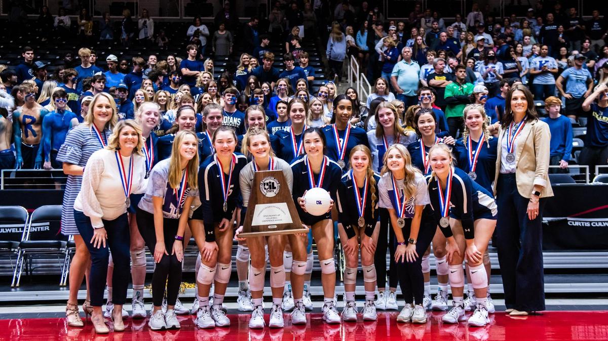 Keller poses for a team photo after losing to Northside Brandeis in 5 sets at the Curtis Culwell Center during the 6A state final game in Garland on November 20, 2021. Photo by Matt Smith. Special to the Star-Telegram.