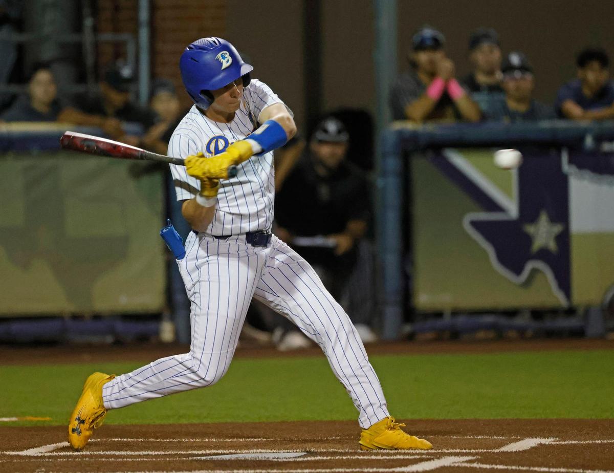 Brock right fielder Breaden Ray (3) connects for a hit during a UIL Area Round 4A D2 baseball playoff game at Ranger Field in Saginaw, Texas, Friday, May 09, 2025.